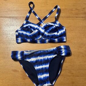 Athleta Bikini Swimsuit Blue Tie Dye Criss Cross Top and Bottoms‎ 32B/C XXS